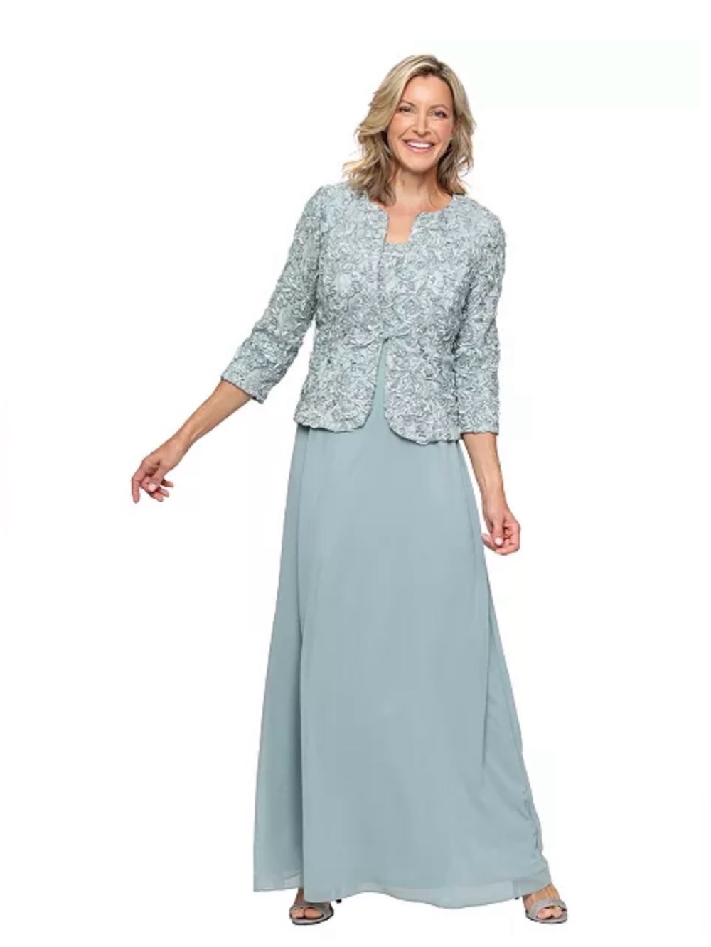 alex evenings Empire Waist Long Open Soutache Jacket Ice SageDress Size:12P $269